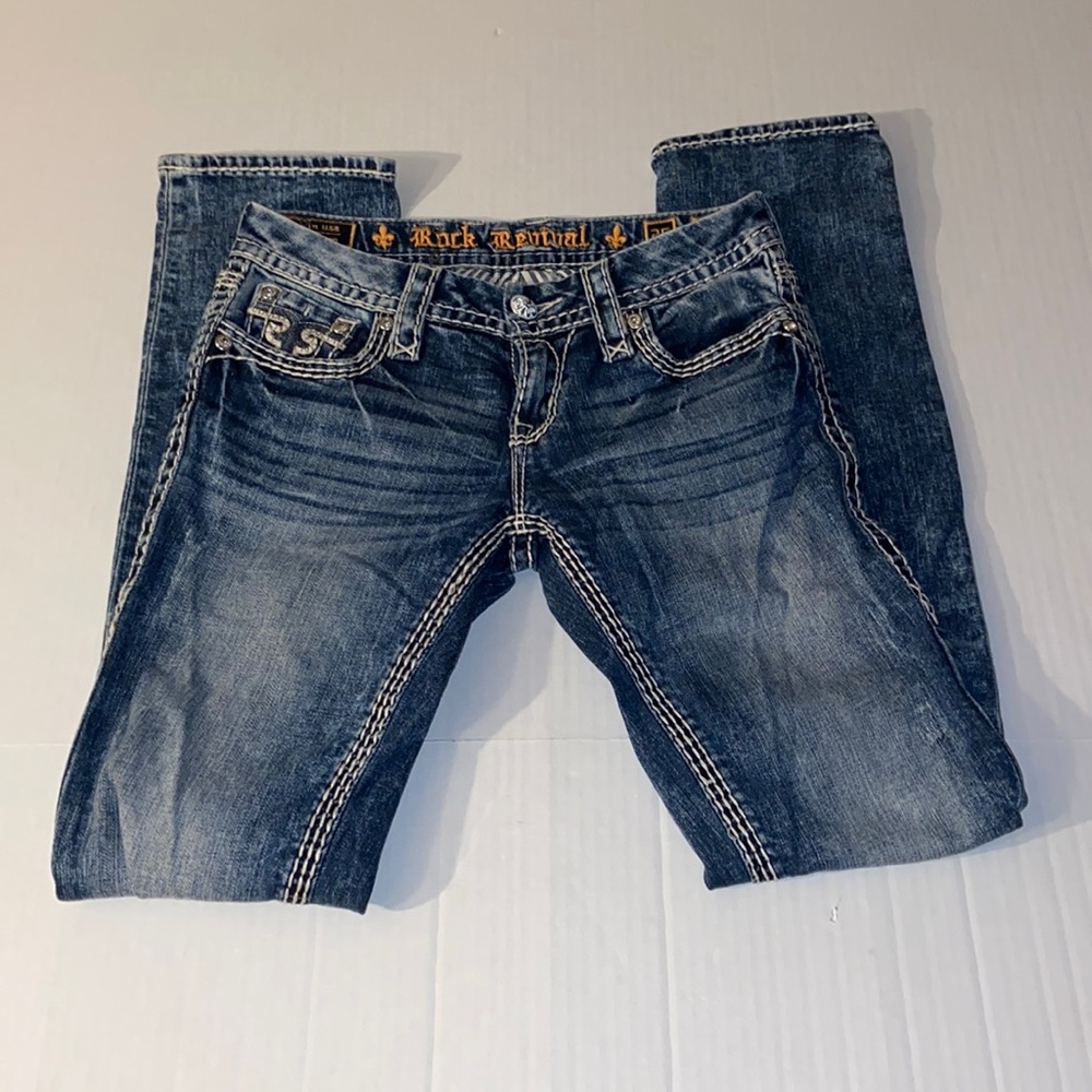 Rock Revival Janelle Straight Women’s Size 26 Embellished Distressed Blue Jeans